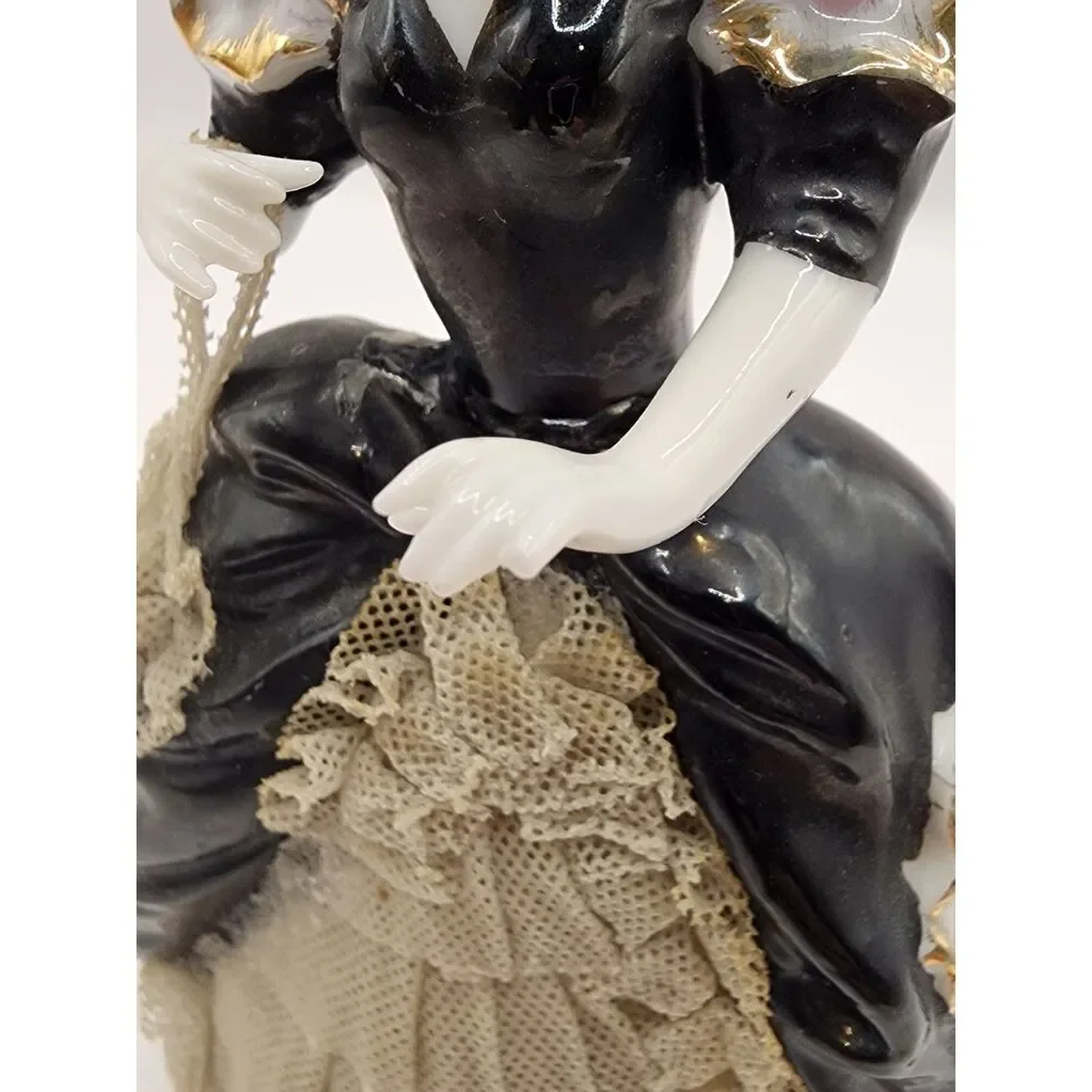 Vintage Porcelain Lace Lady Figurine Black Dress Flowers Purse Damaged Pinky